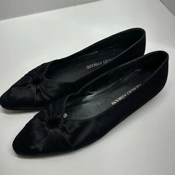 Giorgio Armani Ballet Flat Shoes Slip On Peep Toe Satin Black Size 36 US 6 - Picture 3 of 10